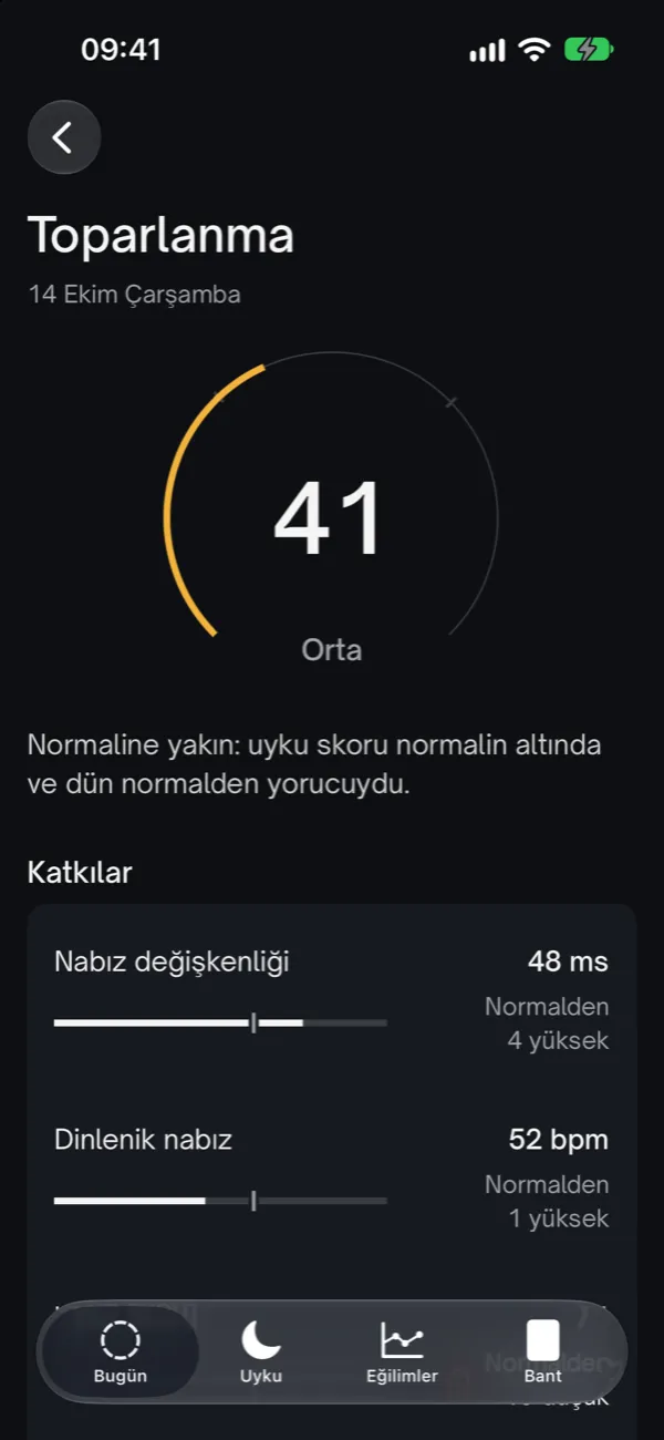 Toparlanma ayrıntısı: skor, tek satırlık açıklama, nabız değişkenliği ve dinlenik nabız katkı satırları, normale göre konumlarıyla.