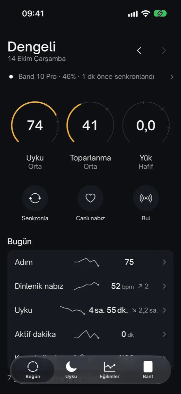 Bugün ekranı: günün hükmü; Uyku, Toparlanma ve Yük yayları; adım, dinlenik nabız ve uyku satırları.